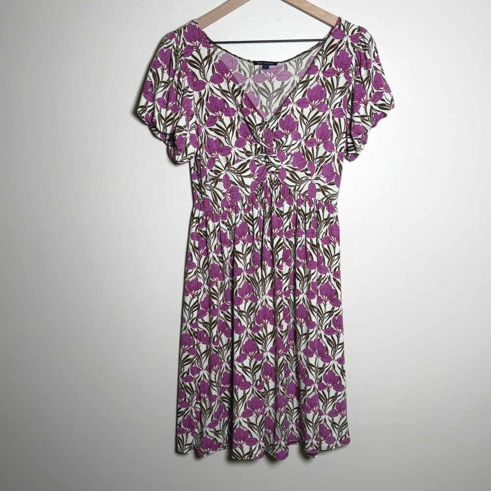 Max Edition Womens Dress L Purple Floral Twist Front Short Sleeve Brunch Garden